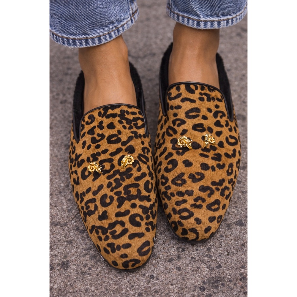 Derek Lam Leopard Calf Hair Shearling Lined Mules Gold Ram Head Loafers